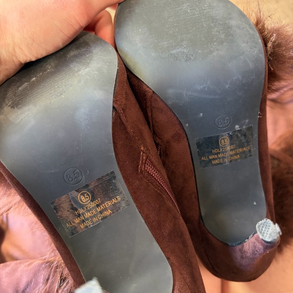 Fashion Nova Brown Faux Fur Pom Pom Heeled Boots - Picture 6 of 12